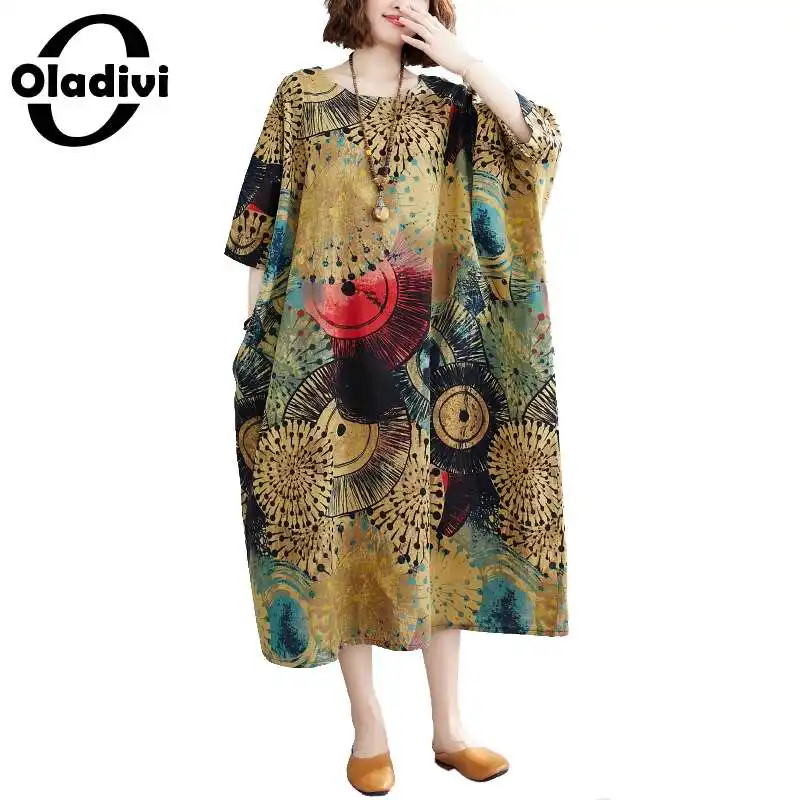 Платье Oladivi женское оверсайз из хлопка и льна модная длинная туника с принтом