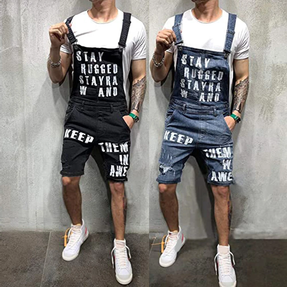 

2021 Mens Overalls Shorts Men's Ripped Jeans Jumpsuits Shorts Summer Street Distressed Denim Bib Overalls Man Suspender Pants