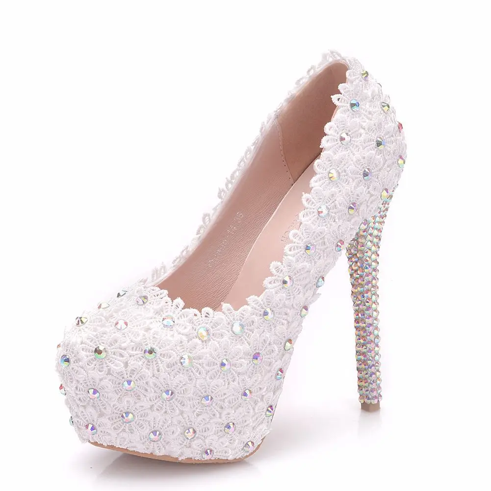 

White lace high-heeled shoes wedding shoes lace diamond shoes foreign trade large size thin heel waterproof platform shoes