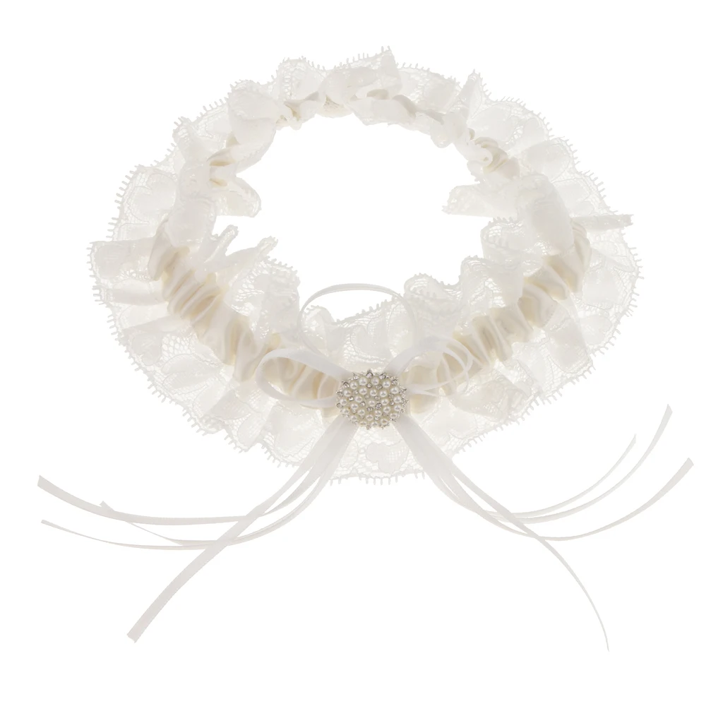 Белая Кружевная подвязка с жемчугом и бантом|Подвязки| |
