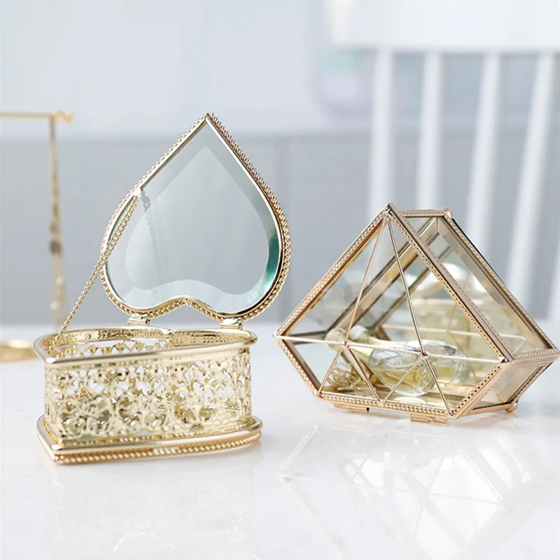 

Стеклянная коробка в форме сердца и бриллиантов, Золотое Ювелирное кольцо, ожерелье, браслеты, аксессуары для хранения, домашний стол декор...
