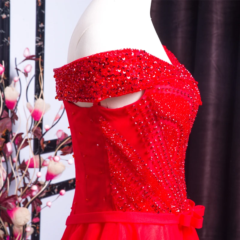 xl9542 ready to wear red prom dress v-neck off shoulder beaded long evening party dress for graduation vestido de festa longo