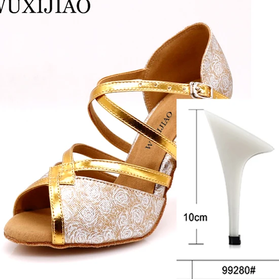 Gold heel 10cm WUXIJIAO розовый узор PU материал черные золотые латинские женские туфли для танцев сальса танцевальные вечерние со стразами Бальные Танцевальные Туфли 9 см - Цвет: Gold heel 10cm