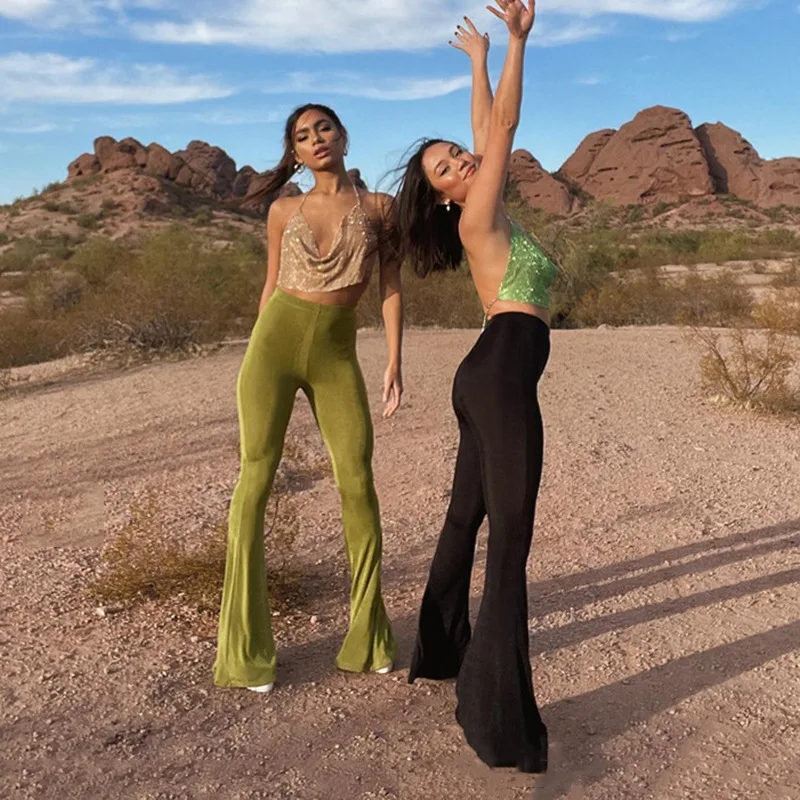 

Men Vintage 90s Aesthetic Green Flare Pants Women E girl High Waist Sexy Black Trousers For Female Party Club 2021 Fashion