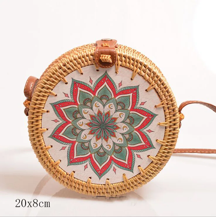 flower M 20X8cm Солнечный пляж, ручные тканые сумки, круглая сумка с пряжкой, Ротанговые соломенные сумки, ранец, богемная пляжная круглая сумка - Цвет: flower M 20X8cm