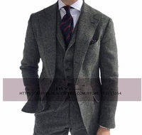 mens 3 piece tweed wool business slim fit jacket winter warm suit blazer pants vest