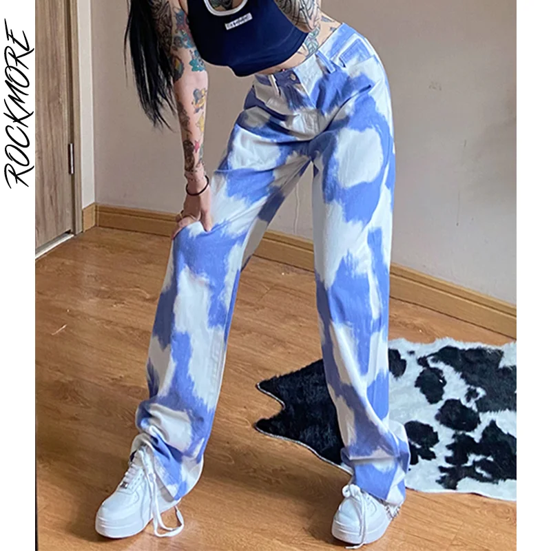 

Rockmore Tie Dye Print Women'S Jeans Mom Boyfriend Wide Leg Pants Streetwear Baggy High Waist Denim Trousers Capris Korean