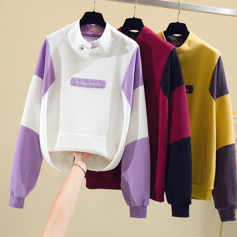 

Women Hoodies Patchwork Color Long Sleeve Sweatshirts Female Casual Loose Stand-up Collar Hoodie Pullover Sweatshirt Fall 2021