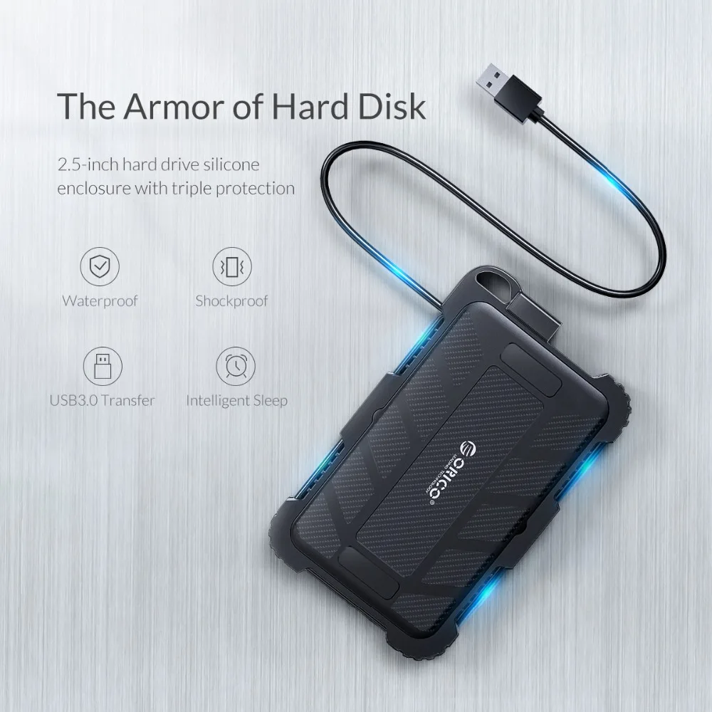 ORICO 2,5 дюймов USB3.0 HDD чехол с крючком водонепроницаемый ударопрочный Пылезащитный для наружного жесткого диска коробка для 2,5 дюймовый HDD SSD
