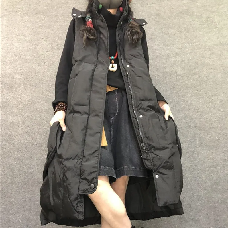 Жилет женский утепленный длинный хлопковый жилет без рукавов с капюшоном