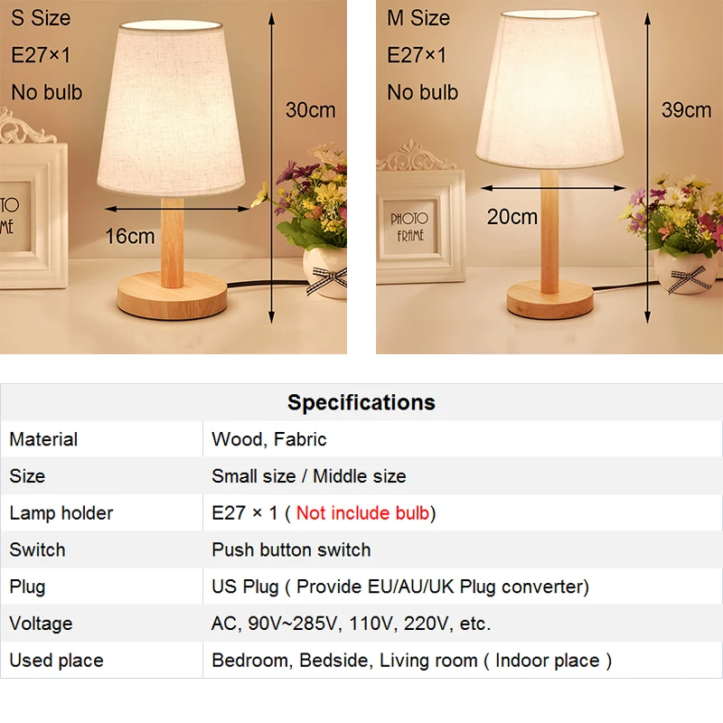 

Wooden Fabric Table Lamps for Bedroom Bedside Lamp Modern Desk Lamp Dormitory Cabinet Light Night Closet Wardrobe Book Lamp E27