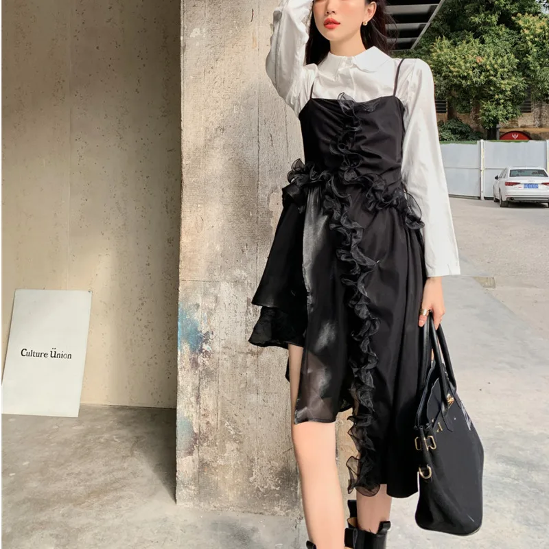 

Женское платье на бретелях-спагетти, черное асимметричное платье-комбинация с оборками, модель C475 на весну и лето, 2022