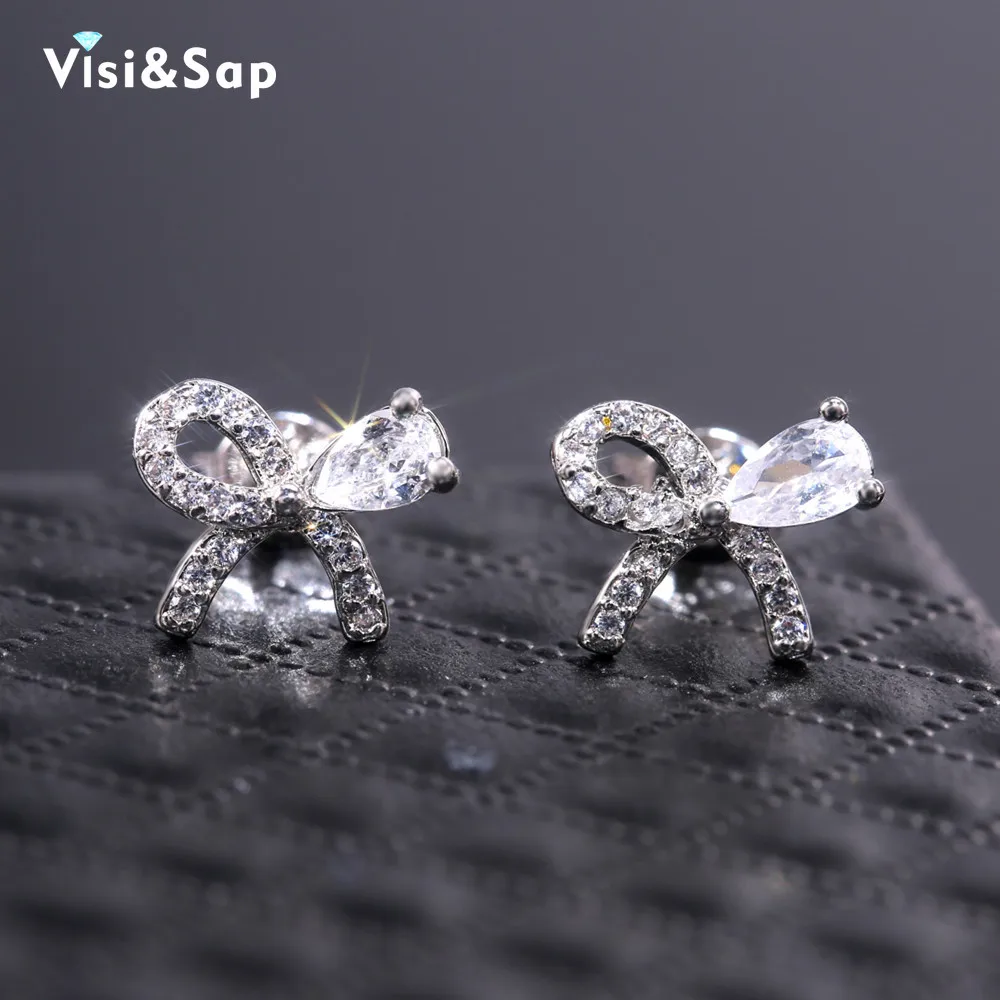 Женские серьги с маленьким бантом Visisap в Корейском стиле инкрустированные