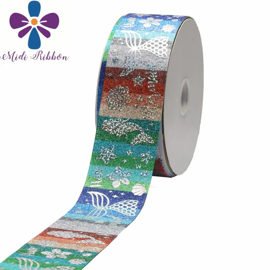

3"75mm Cartoon Mermaid Tail Shell Hologram Silver Foil Colorful Stripes Printed Grosgrain Ribbon DIY Hair Bow 50yards/roll Green