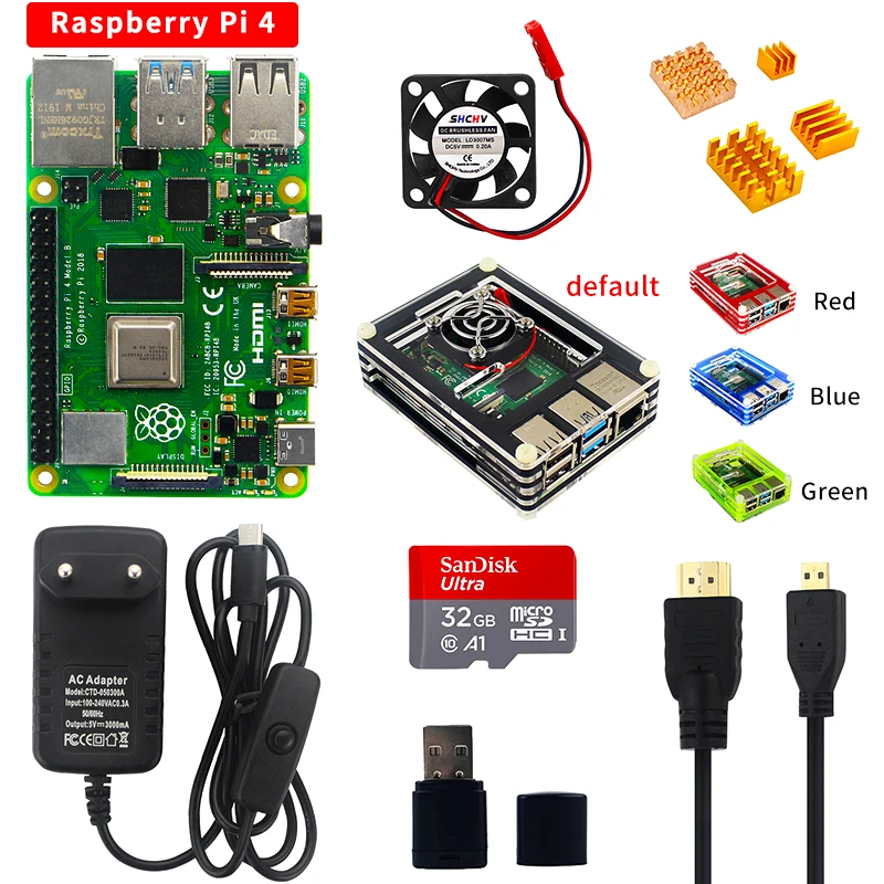Raspberry Pi 4 Model B Kit 2 ГБ/4 ГБ/8 ГБ ОЗУ + кабель акриловый чехол SD карта ридер источник