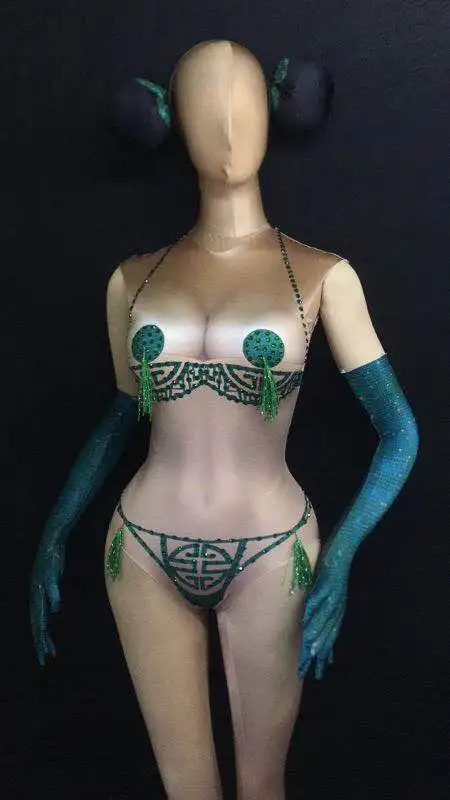 Sexy Women Nightclub Bikini Print Rhinestones Jumpsuits Party Showgirl Skinny Bodysuits Women Stage Wear Pole Dancing Outfits