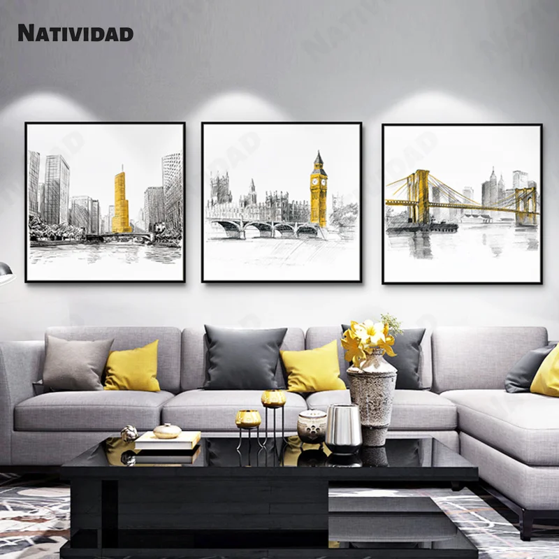 Городская архитектура эскизная карта печатный плакат простой желтый стиль