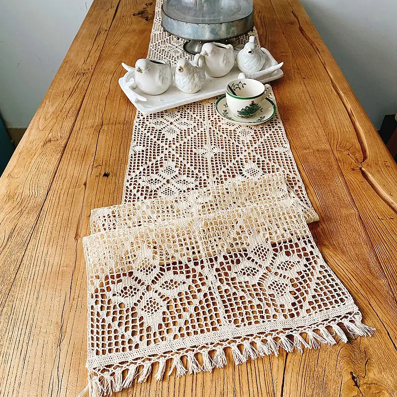

Home Decorative Pastoral Style Cotton Linen Blending Crochet Lace Table Runner Hollow Tablecloth For Side Table Cabinet Cover