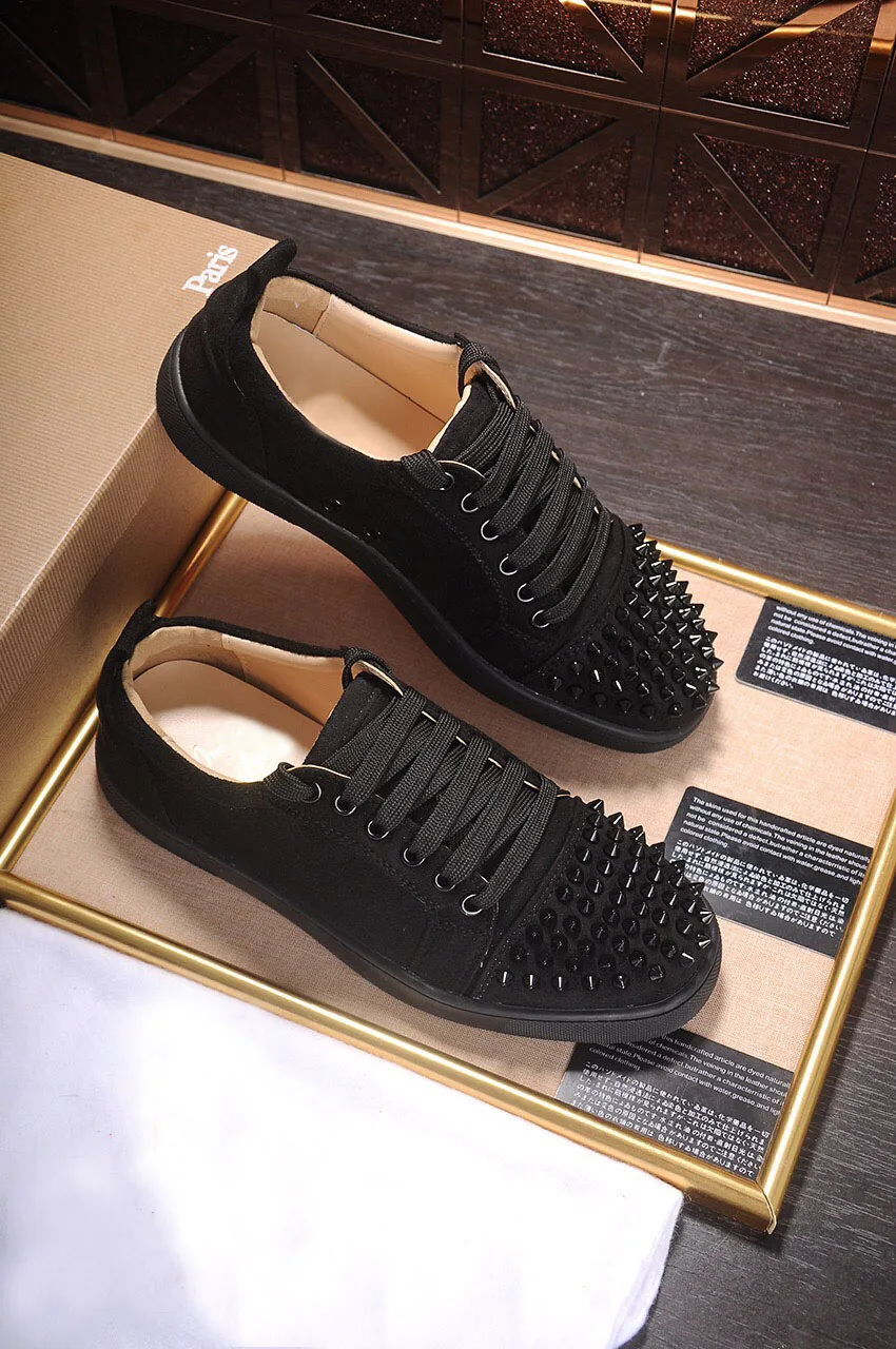 Black Lace up Rivets Top quality Fashion Red bottom Shoes For Women Men Spike Sneakers Real Leather Loafers Footwear 8063220 | Обувь