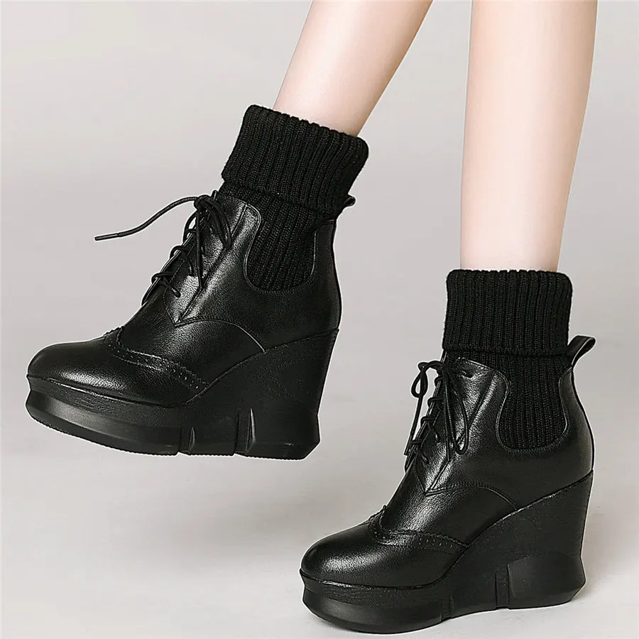 Женские кроссовки на танкетке из коровьей кожи, Повседневные вязаные ...