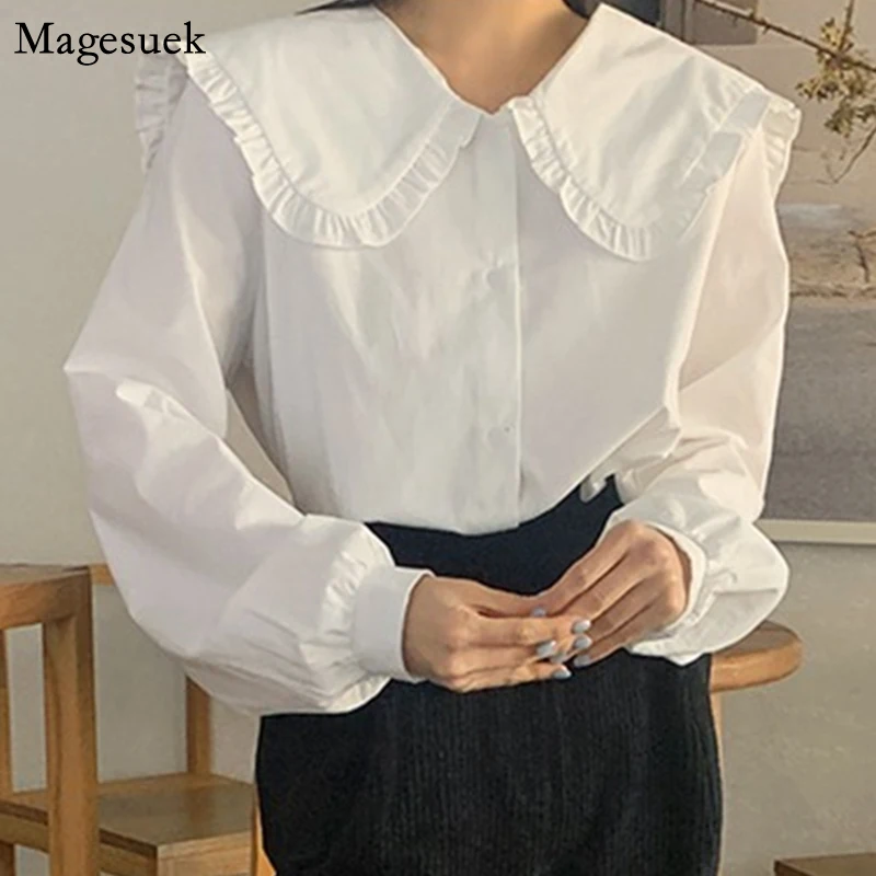 

Korean Chic Women Spring Vintage Cotton Shirt Ruffles Single-Breasted White Blouse Female Long Sleeve Plus Size Tops Blusa 14836