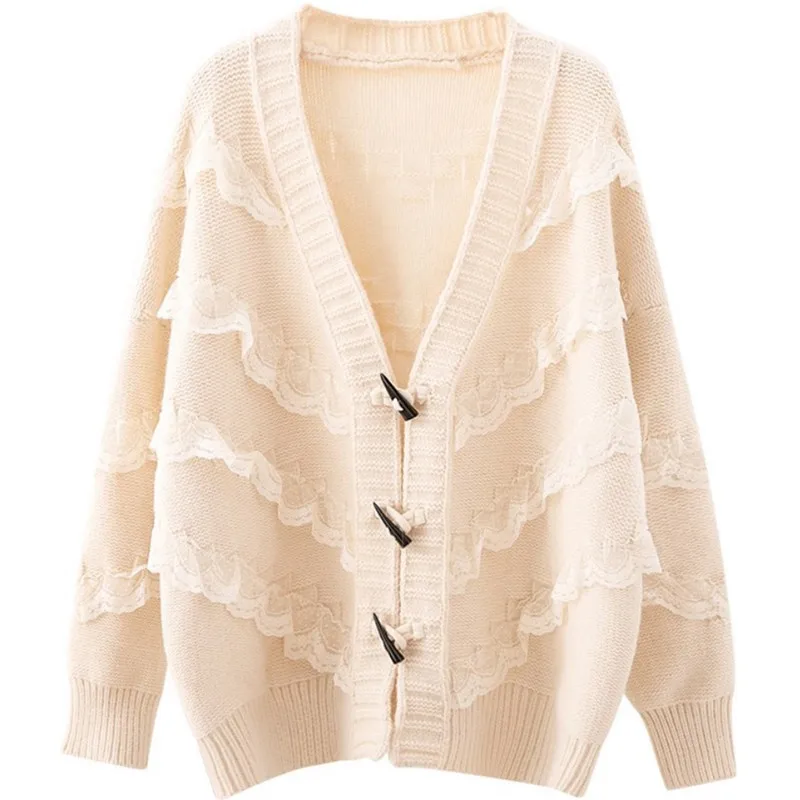 

Lace Patchwork Horn Button Sweater Cardigan Women Loose Mid-Long Thicken Knitted Coat Jumper Knit Outerwear 2020 Autumn Winter