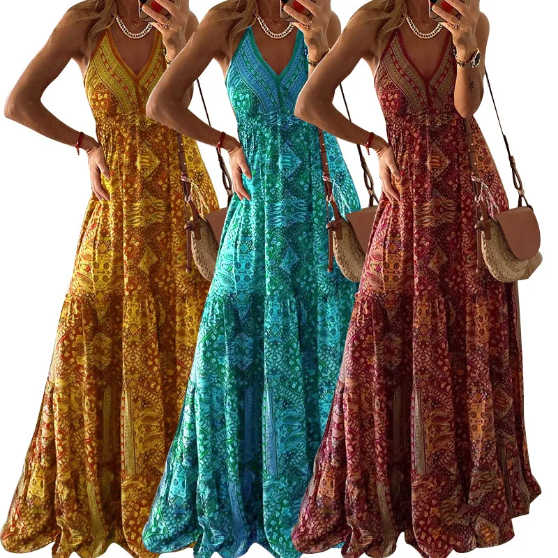 

Sexy Suspender Dress Vestidos Largos Verano Trendy Clothes For Women Dashik European Summer Clothing Bohemian Loose Long Skirt