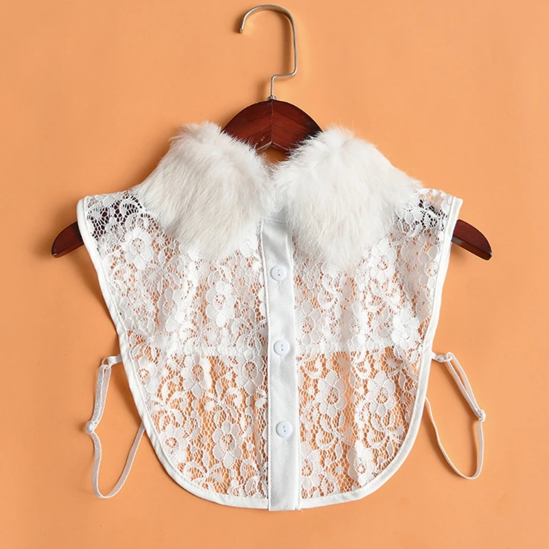 

Winter Furry Plush Lapel Fake Collar Sweet Hollow Floral Lace Half Shirt Dickey J78F