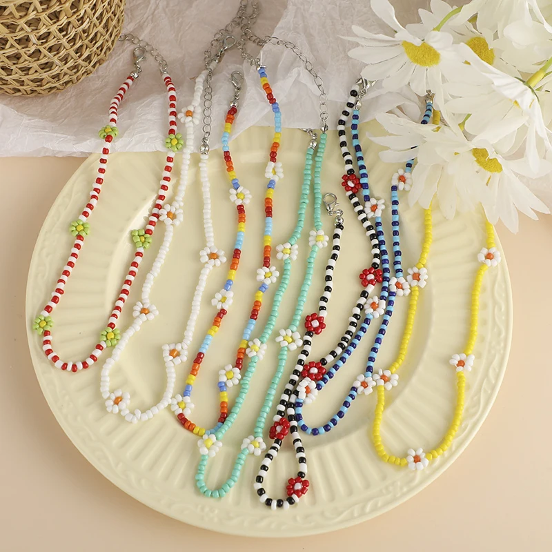 

Новое Женское модное ожерелье в богемном стиле с цветами ручной работы из бисера ожерелье с красочными рисовыми бусинами