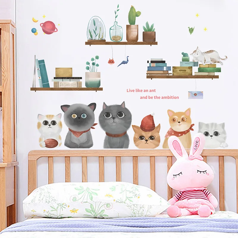 Cartoon Cute Kitten Potted Book Green Plant Wallpaper Bedroom Porch Home Decoration Wall Sticker Self-Adhesive