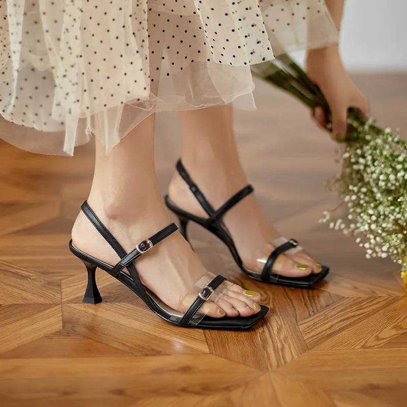 

MoonMeek 2021 New Arrive Thin High Heels Ladies Party Wedding Shoes Buckle Pvc Genuine Leather Sandals Women Shoes Pink