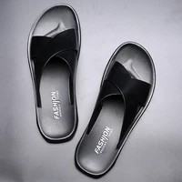 summer genuine leather sandals men casual beach shoes non slip slippers male thick rubber sole black slides boy slip on slippers