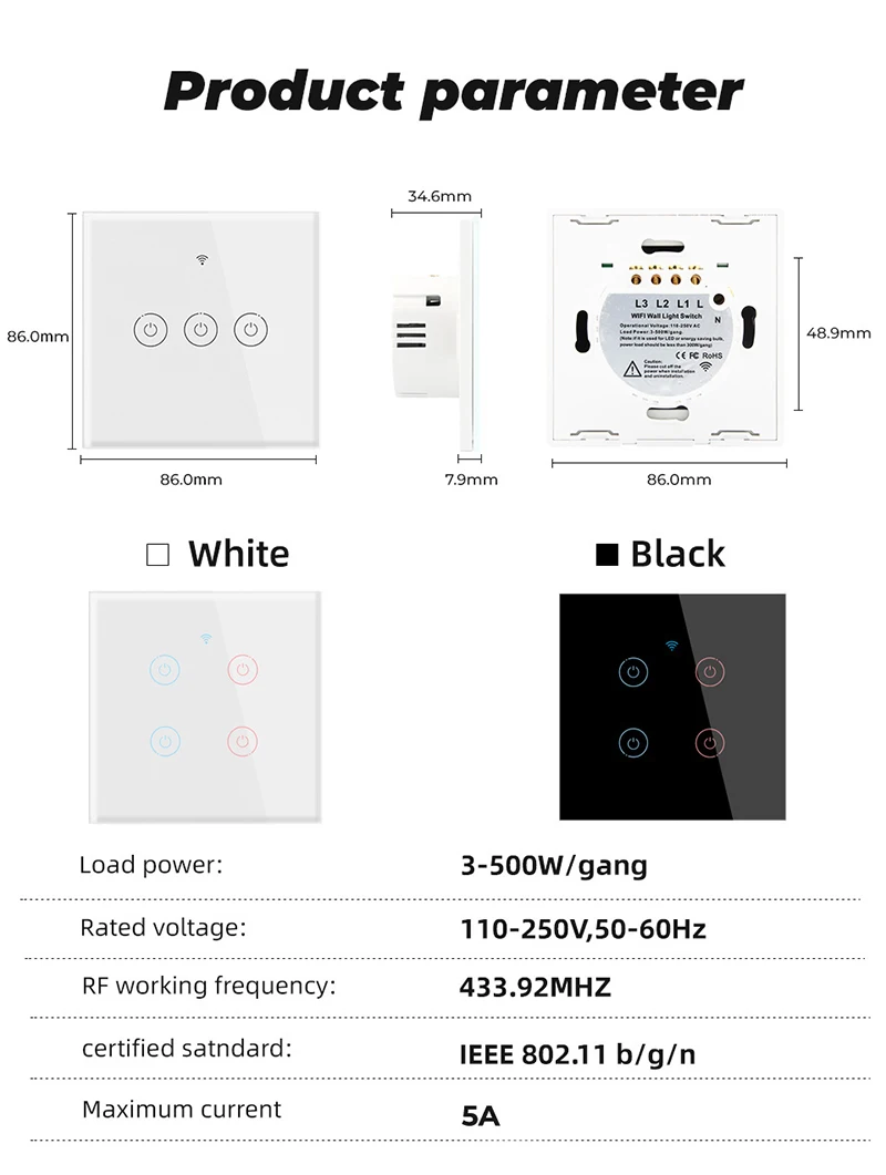 

Wifi Smart Light Switch Screen Touch Panel Voice Control Wireless Wall Switches Remote With Tuya Alexa Google Home 1/2/3/4 Gang
