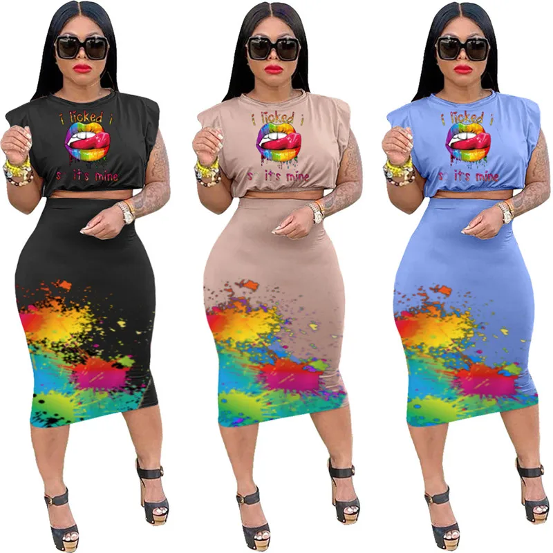 

Tracksuit Two Piece Set Women Summer Skirt Sets Lip Print T Shirt Crop and Maxi Skirt Jogging Suit Summer Wholesale Dropshipping