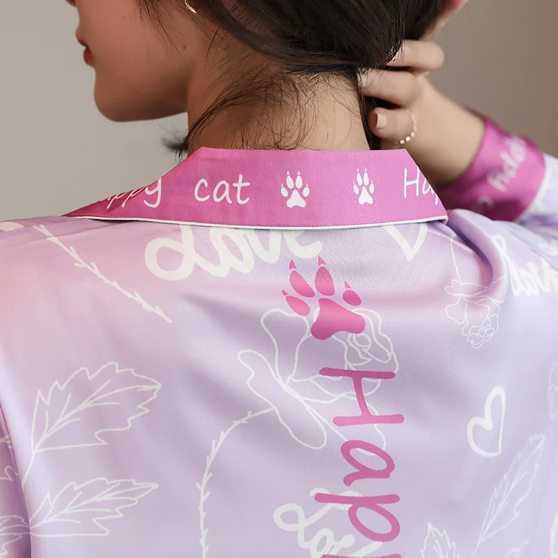 

Light Purple Love Print 2PCS Pajamas Set Women Casual Turn-down Collar Sleepwear Rayon Cute Cartoon Shirt&Pant Nightwear