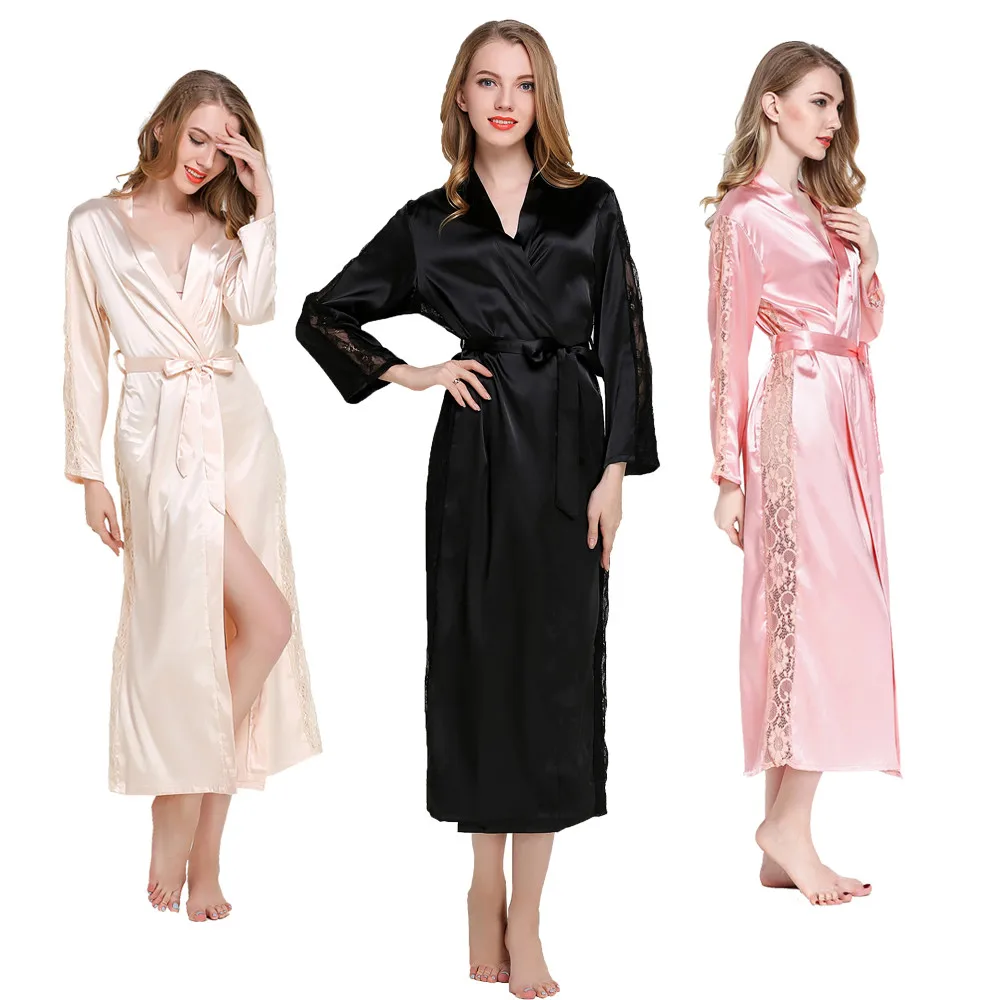 BESCSHERE шелковая сатиновая пижама халаты женское кружевное платье с длинными