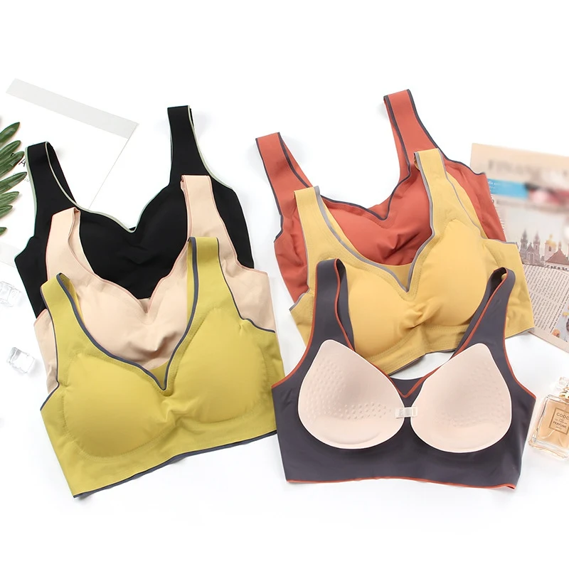 

Women Ice Silk Solid Color Seamless Bra Latex Curing Sponge Cup Comfortable Gathering Soft Sleeping Brassiere Underwear