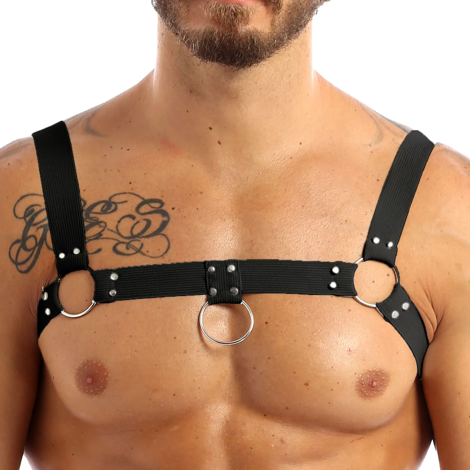 

MSemis Mens Male Lingerie Body Chest Harness Muscle Bondage Cage Gay Harness Belt with Metal O-rings Rivets Clubwear Costume