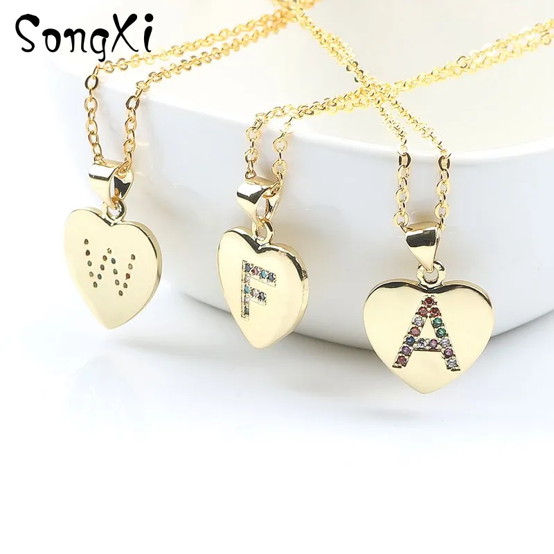 Women Girls Initial Letter Heart Shape Necklace Gold Color 26 Letters Necklaces Pendants Copper CZ Alphabet Jewelry | Украшения и