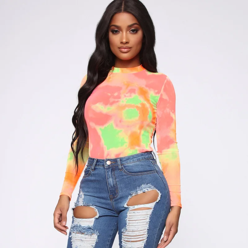 Новинка осени модный галстук-окрашенная футболки с круглым воротом и длинными