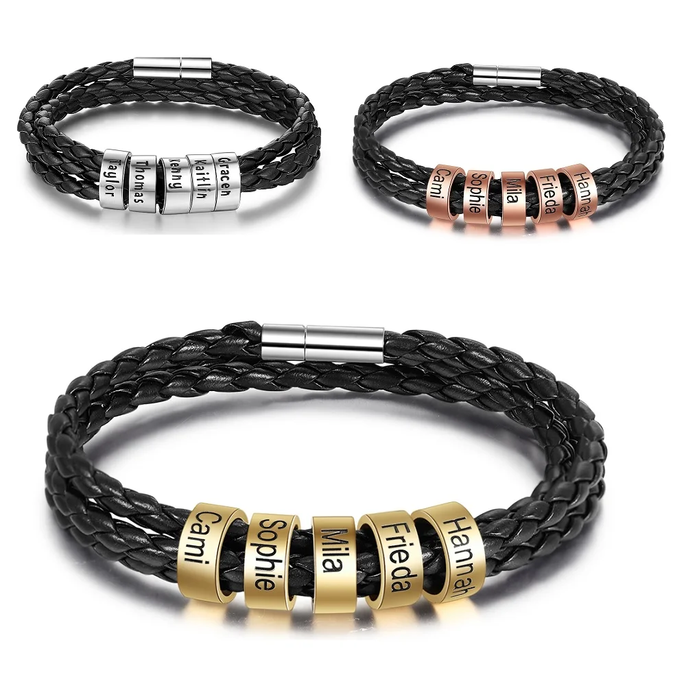 Персонализированный мужской черный плетеный кожаный браслет из веревки