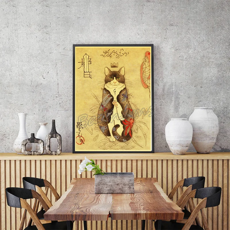 ВИНТАЖНЫЙ ПЛАКАТ из крафт-бумаги японская Татуировка самурая кошка картина Hd