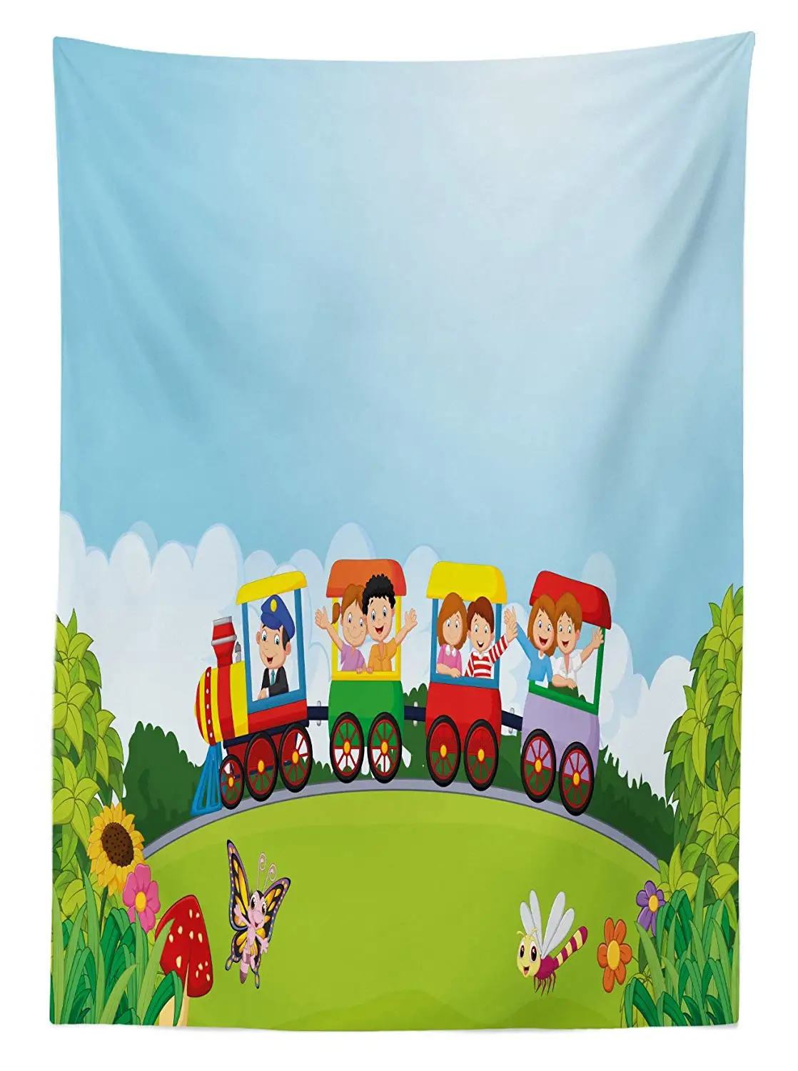 Скатерть с поездом счастливые пассажирские мальчики и девочки в вагонах на холме