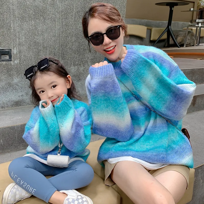 

Spring Autumn Mother Daughter Sweater Girls Sweater Kids Knitted Tops Baby Matching Outwear Fashion Striped Tie Dye 2 To 6 Yrs