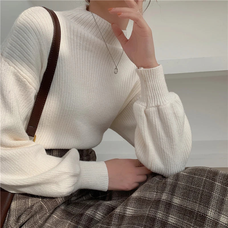 

Korean Fashion y2k Lantern Sleeve Turtleneck Sweater White Long Sleeve Tops Pull Femme Winter Clothes Women Knitted Pullovers
