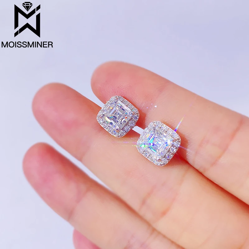 Square VVS Moissanite S925 Earrings Silver Iced Out Real Diamond Ear Studs For Women Men High-End Jewelry Pass Tester Free Ship