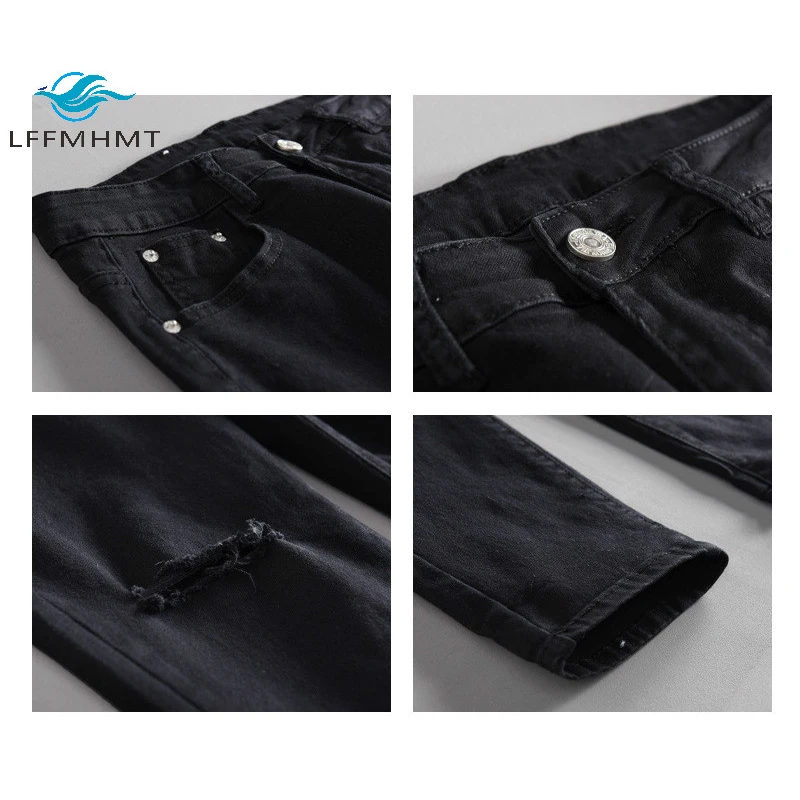 

Men Autumn Fashion Cotton Ankle Length Denim Pants Japan Style Vintage Solid Color Ripped Mid Waist Straight Trouser Black Jeans