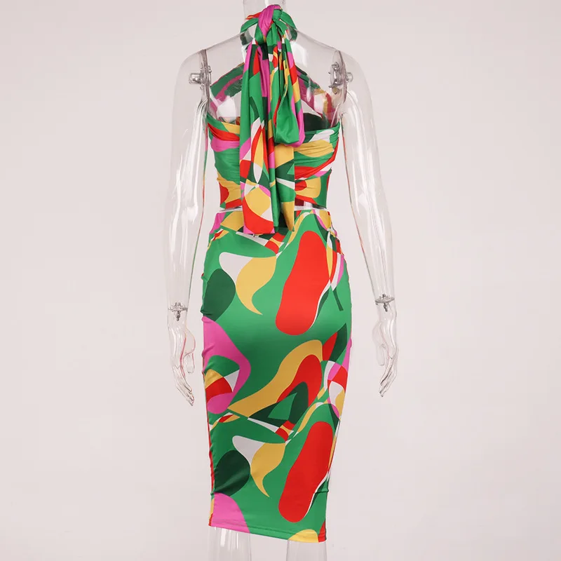 

Printed Bandage 2 Piece Skirt Set Women Bohemian Holiday Women Set Sexy Halter Mid Dress Set Vacation Cloth Summer 2021