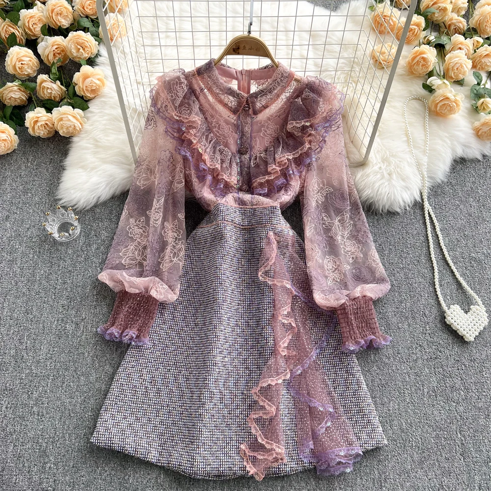 C272 Women New Fashion Autumn Winter Palace Perspective Mesh Embroidery A-line Short Dress Stitched Ruffle Thin Elegant Vestidos