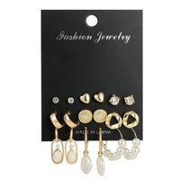women fashion jewelry geometric alloy earring set vintage crystal imitation pearl heart shape stud earrings wholesale